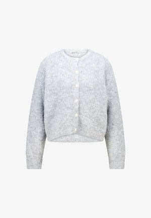 Graue, kurz geschnittene Strickjacke mit gerippter Textur, langen Ärmeln und sechs weißen Knöpfen entlang der Vorderseite. Weiches Material, runder Ausschnitt.