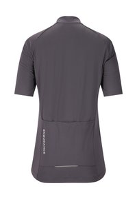 Dunkelgraues Radtrikot mit kurzen Ärmeln, hinten mit drei Taschen und dem Schriftzug „Endurance“ vertikal auf der linken Tasche gedruckt.