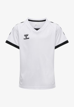 Witte sporttrui met korte mouwen en zwarte accenten op de mouwen en kraag, voorzien van een zwart logo aan de voorkant. Gemaakt van lichtgewicht materiaal.