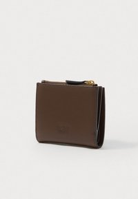 Brown leather wallet with a zippered compartment, embossed logo, and multiple card slots. Smooth texture, compact design.