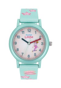 Een kinderhorloge met een mintgroene metalen kast, een pastel klok wijzerplaat en een stoffen band met roze zeester- en wolkenpatronen.