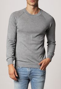 Grauer langärmeliger Pullover aus einem weichen Strickmaterial, mit Rundhalsausschnitt, gerippten Bündchen und taillierter Passform.