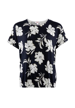 Marineblaues T-Shirt mit floralen Mustern in Weiß und Hellgrau, kurzen Ärmeln, rundem Halsausschnitt und weichem, leicht dehnbarem Stoff.