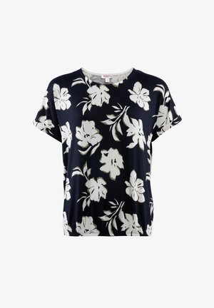 Marineblaues T-Shirt mit floralen Mustern in Weiß und Hellgrau, kurzen Ärmeln, rundem Halsausschnitt und weichem, leicht dehnbarem Stoff.