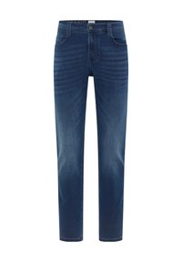 Jeans de mezclilla azul oscuro con corte recto, cinco bolsillos y cierre de cremallera. Desgaste sutil y detalles de costura en la parte delantera.