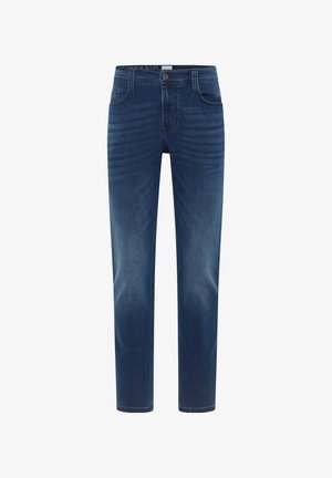 Mørkeblå denim jeans med lige ben, fem lommer og lynlås. Subtil falming og syningsdetaljer på forsiden.