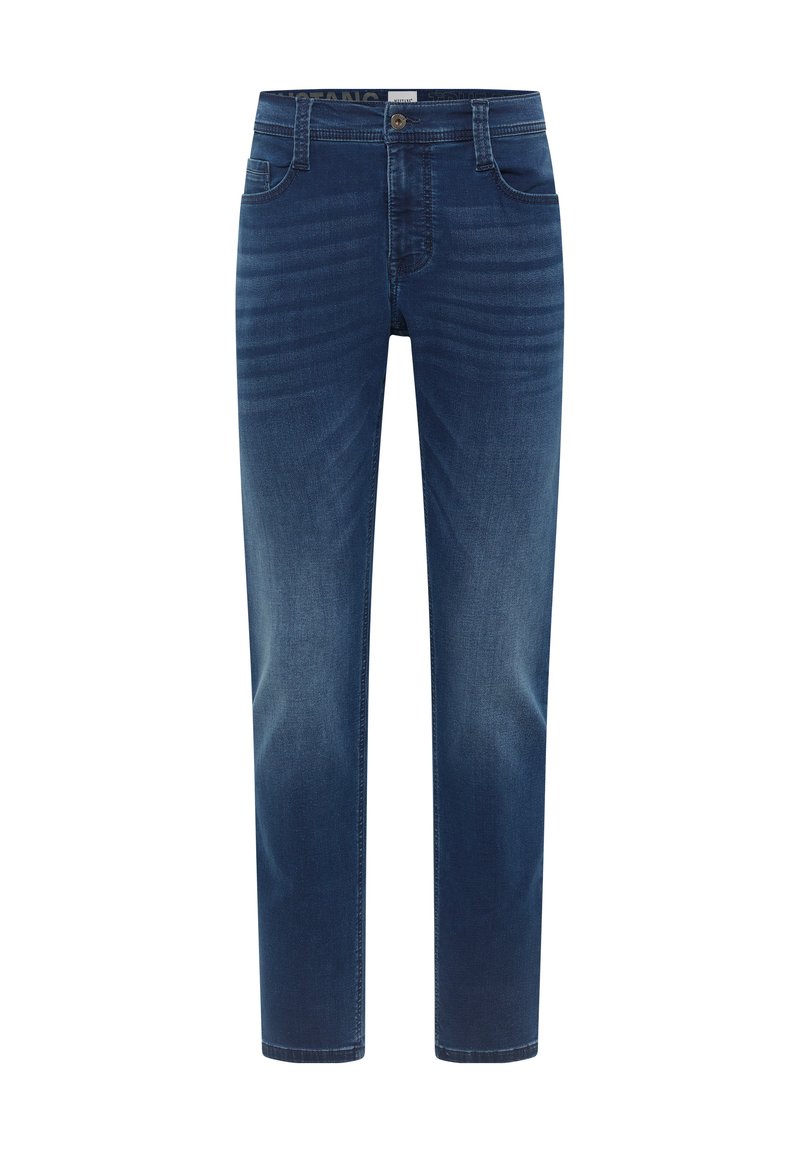 Jeans de mezclilla azul oscuro con corte recto, cinco bolsillos y cierre de cremallera. Desgaste sutil y detalles de costura en la parte delantera.
