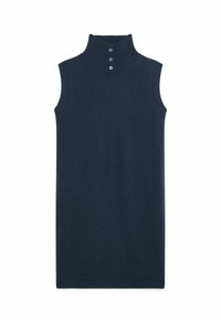 Ärmelloses, marineblaues Strickkleid mit geripptem Stehkragen und drei Knöpfen an der Vorderseite.