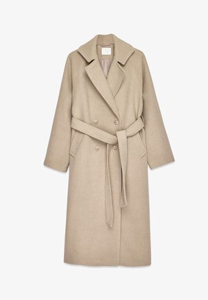 Beige vilnas-maisījuma mēteli ar izcilu apkakli, divrindu dizainu, jostu viduklī un sānu kabatām. Gluda tekstūra un vidēja garuma piedurknes.