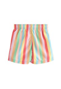 Farverige stribede badeshorts med elastisk talje. Lodrette striber i rød, pink, gul, grøn og blå. Glat, let stof.
