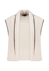 Off-white mouwloze fleece vest met brede kraag en donkerbruine gestikte rand langs de randen, van zachte textuur.