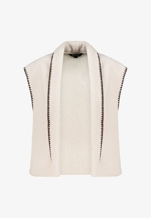 Off-white mouwloze fleece vest met brede kraag en donkerbruine gestikte rand langs de randen, van zachte textuur.