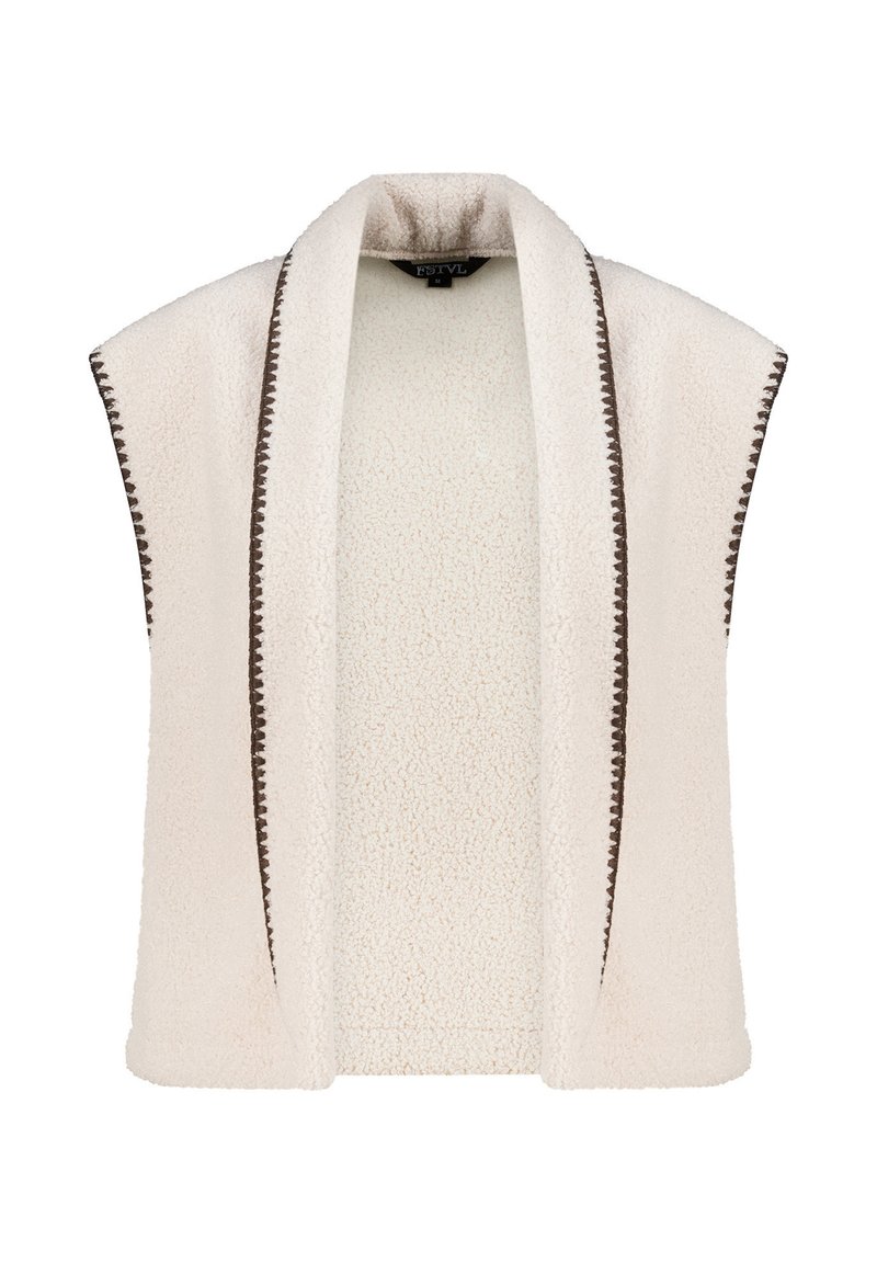 Off-white mouwloze fleece vest met brede kraag en donkerbruine gestikte rand langs de randen, van zachte textuur.