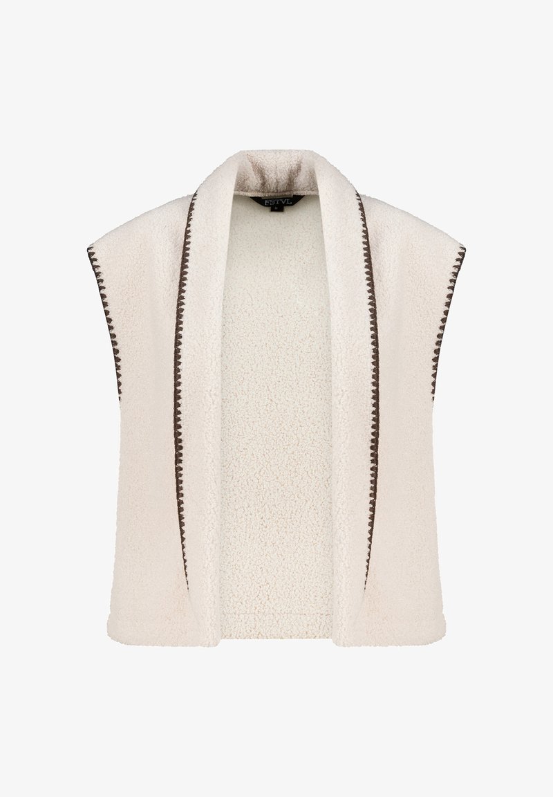 Off-white mouwloze fleece vest met brede kraag en donkerbruine gestikte rand langs de randen, van zachte textuur.