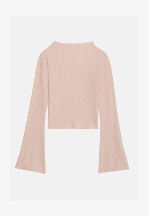 Vaaleanpunainen pitkähihainen cropped-toppi, joka on valmistettu teksturoidusta kankaasta, leveillä hihoilla ja hillityllä kiillolla. Pyöreä pääntie takana.