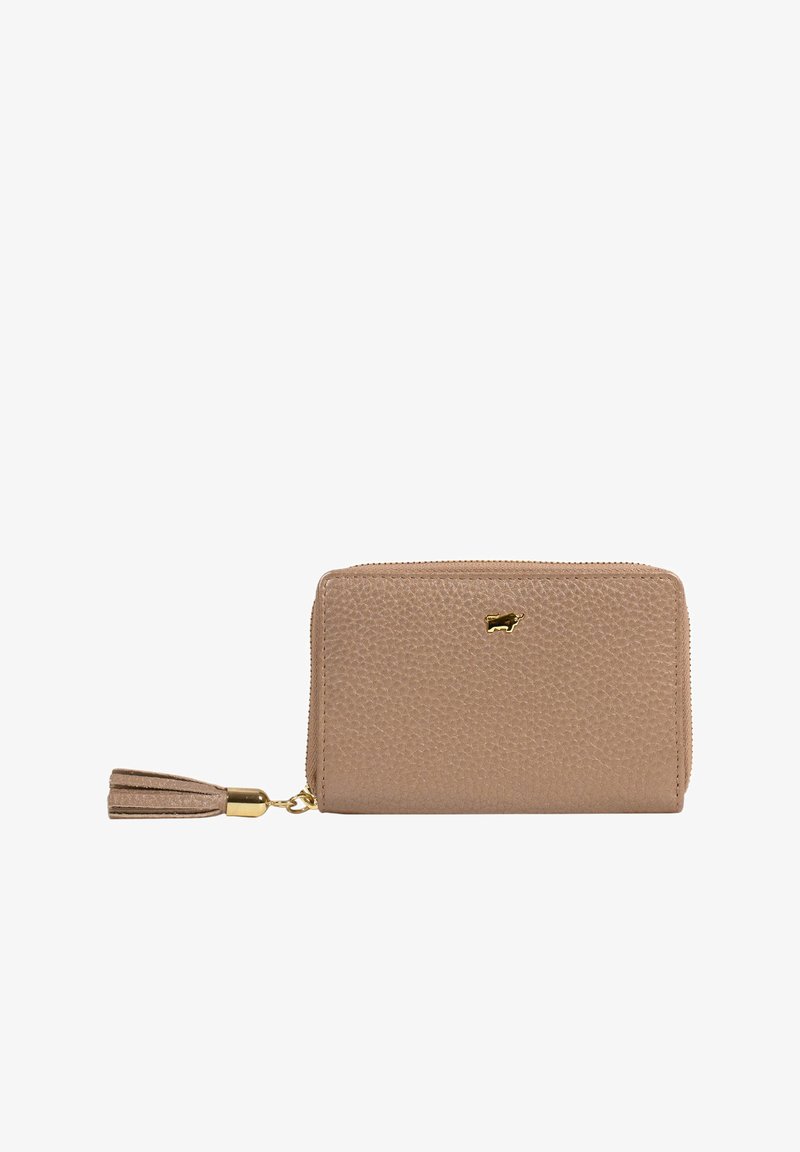 Portefeuille zippé en cuir beige clair texturé, présentant un accent logo doré et un tirette de fermeture à glissière en pompon pour un accès facile.