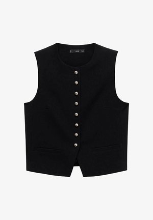 Black vest with sleeveless design, featuring silver buttons down the front and two side pockets. Smooth fabric texture.