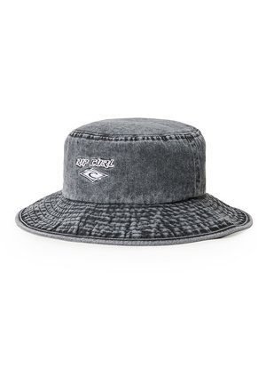 Szary, wyblakły kapelusz typu bucket z szerokim rondem i białym haftowanym logo Rip Curl na przedzie.