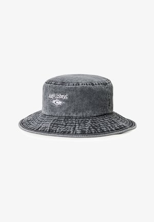 Grijze vervaagde denim vissershoed met brede rand en wit Rip Curl-logo geborduurd aan de voorkant.