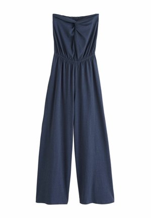 Navyblauer trägerloser Jumpsuit mit weitem Bein, gedrehtem Knoten am Bustier und elastischem Taillenbund.