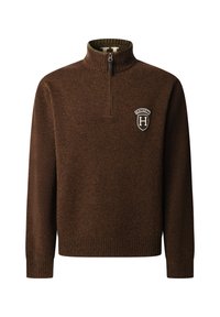 Brauner Halb-Reißverschluss-Pullover mit geripptem Kragen, Bündchen und Saum, mit einem weißen Schildemblem mit "Hackett H" auf der linken Brust.