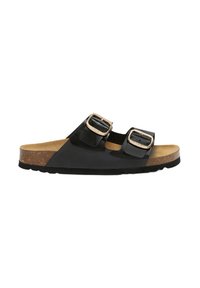 Svart patentläder slide sandal med två justerbara spännen, korkmellandal, och strukturerad gummisula. Har en rundad tådesign.