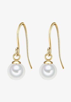 Kultaiset koukku korvakorut, joissa on valkoiset pyöreät helmet, sileä pinta ja kiiltävä viimeistely, sekä pienet koristecapsit jokaisen helmen yläpuolella.