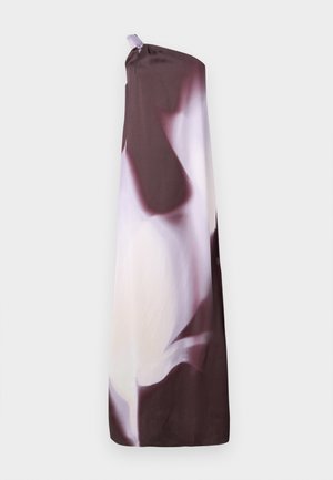 Einschultriges, bodenlanges Kleid mit abstraktem dunkelviolett-weißem Muster, ausgestattet mit einer kleinen Stoffschlaufe an der Schulter.