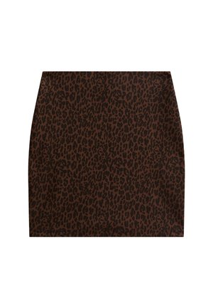 Brown short skirt with all-over dark leopard print pattern, straight cut, and smooth fabric texture.