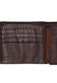 Bruine lederen portemonnee met meerdere kaarthouders en een vak voor bankbiljetten. Heeft een gladde textuur en stevige stiksels langs de randen.