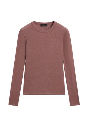 Camicia a maniche lunghe in mauve tenue, realizzata in un tessuto morbido e elasticizzato. Presenta un colletto rotondo e una costruzione semplice senza decorazioni.