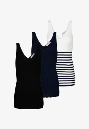 Trois débardeurs sans manches à col en V : noir, bleu marine et rayé blanc, en tissu côtelé avec un design texturé, présentant des motifs et couleurs variés.