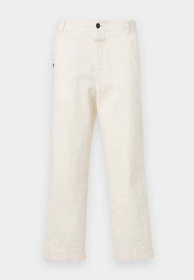 Beige cotton trousers with a straight leg design, featuring a front button closure and a pocket with a circular button accent.