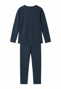Navy blue long-sleeve top and pants set made of textured fabric. Includes raglan sleeves and a relaxed fit; no visible closures or accents.