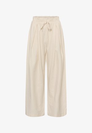 Beiget leveälahkeiset housut, joissa on joustava vyötärönauha ja säädettävä nyörikiristys, valmistettu kevyestä kankaasta.