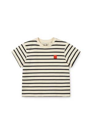 Short-sleeve striped t-shirt in cream and navy with a red square logo on the left chest. Made of soft cotton, it has a round neckline.