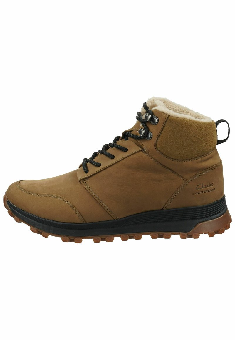 Botín marrón impermeable hasta el tobillo con parte superior de cuero texturizado, diseño con cordones, forro de forro polar en el cuello y suela de goma para tracción.