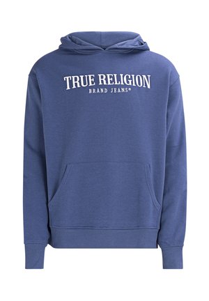 Sweat à capuche bleu avec poche kangourou à l'avant, poignets et ourlet côtelés, et texte blanc "TRUE RELIGION BRAND JEANS" sur la poitrine.