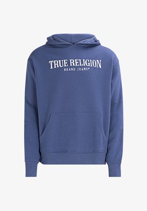 Sweat à capuche bleu avec poche kangourou à l'avant, poignets et ourlet côtelés, et texte blanc "TRUE RELIGION BRAND JEANS" sur la poitrine.