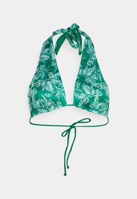 Top de bikini com padrão tropical verde, design de halter neck, correias atadas e laços laterais ajustáveis para um melhor encaixe. Textura de tecido suave.