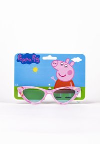Occhiali da sole di Peppa Pig con montatura rosa, caratterizzati da motivi colorati e lenti verdi, esposti su un cartoncino raffigurante Peppa Pig.