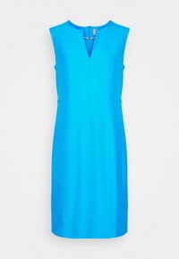 Blaisses ärmelloses Kleid mit V-Ausschnitt, aus glattem Stoff. Es hat seitliche Nähte und einen Reißverschluss im Rücken. Einfaches, klares Design.