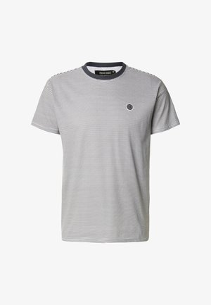 Striped t-shirt in gray and navy blue, short sleeves, round neckline with navy trim, featuring a small logo on the left chest.