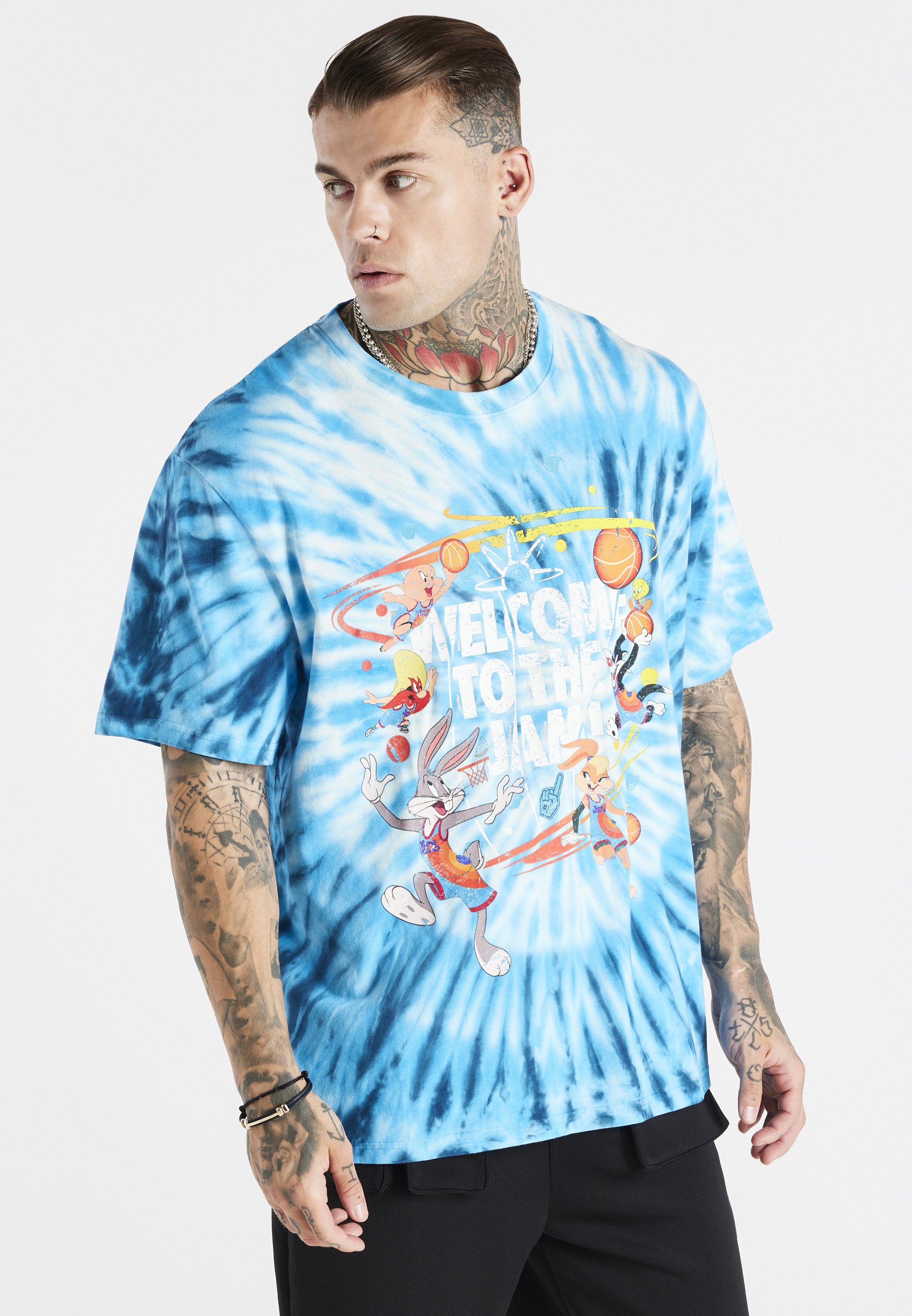 white graphic tee with blue