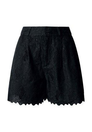 Zwarte shorts met hoge taille, voorzien van een bloemenkantpatroon, een gegolfde zoom en een dubbele knoopsluiting, afgebeeld op een witte achtergrond.