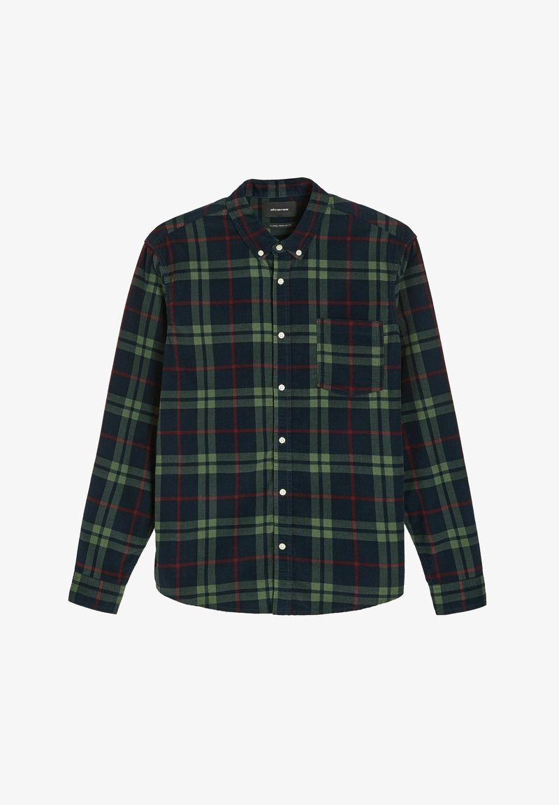 Czerwono-zielona koszula w kratę z guzikami, z pointed collar, długimi rękawami i jedną kieszenią na piersi. Tekstura materiału wydaje się miękka i casualowa.