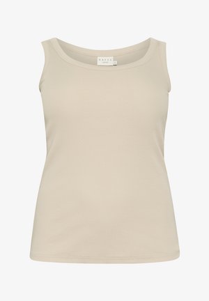 Beige ribbed tank top featuring a scooped neckline and wide shoulder straps. Made from soft, stretchy fabric for comfort.