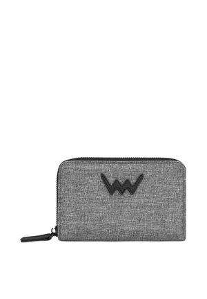 Gray fabric wallet with a textured surface, featuring a black zigzag logo and a zip closure along the edge.