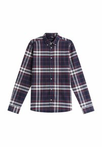 Niebieska, czerwona i biała koszula w kratę zapinana na guziki, z długimi rękawami i kołnierzykiem, wykonana z lekkiego materiału. Posiada małe guziki.
