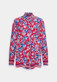 Camicia rossa a maniche lunghe con un motivo floreale blu e bianco, con colletto e dettagli a righe all'orlo e ai polsini.